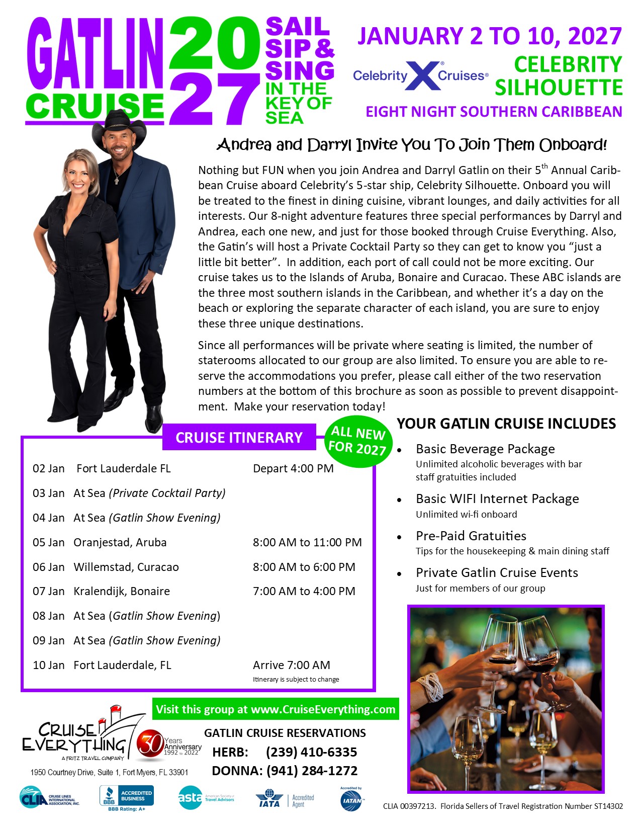 Gatlin Cruise 2027 – Sail Sip & Sing in the Key of Sea flyer